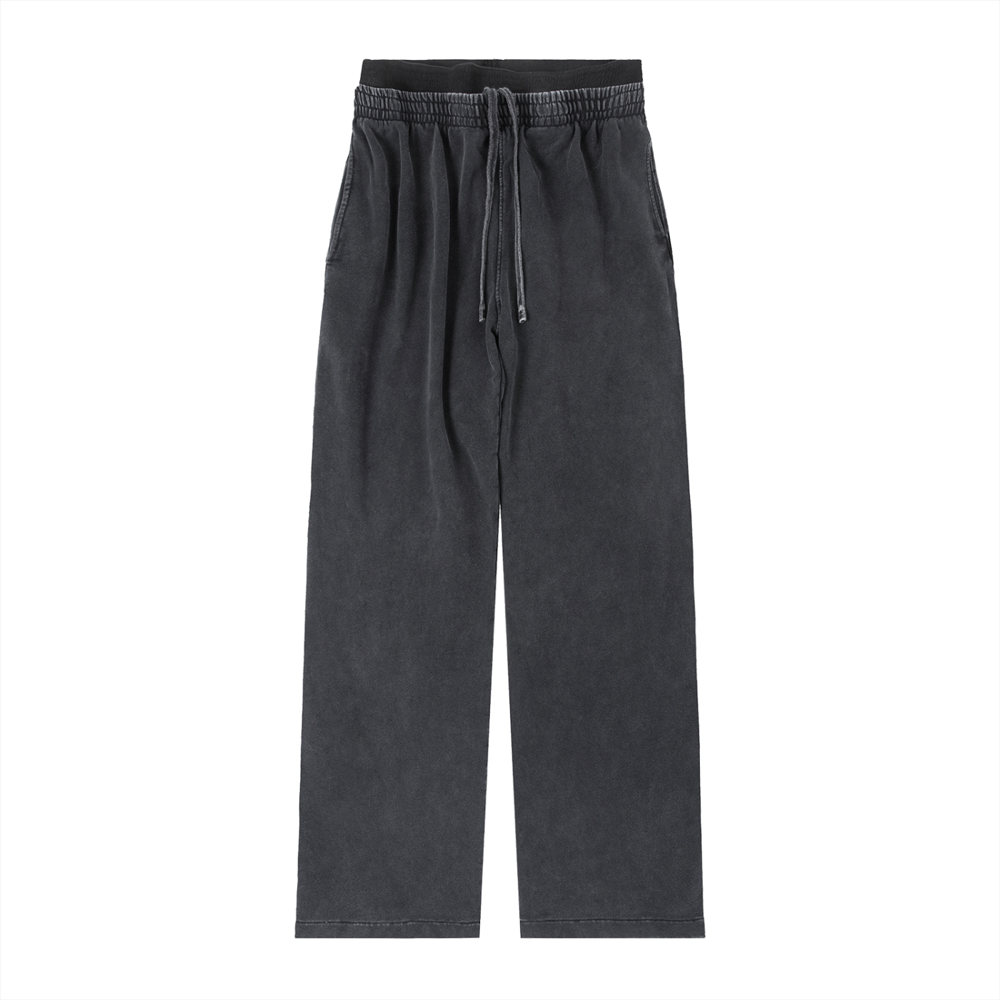 Black wide-leg streetwear pants with elastic waistband and drawstring, modern urban style
