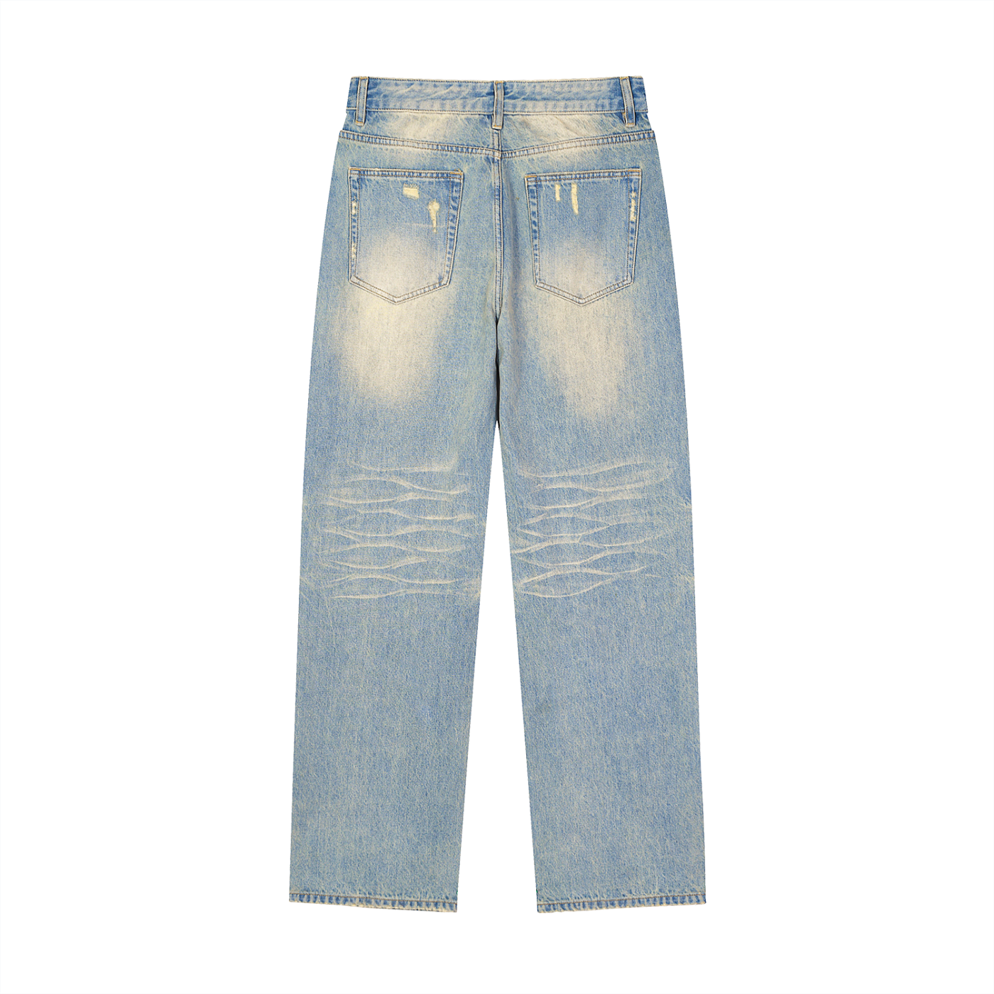 Light blue distressed straight leg jeans with faded wash and back pockets, streetwear style