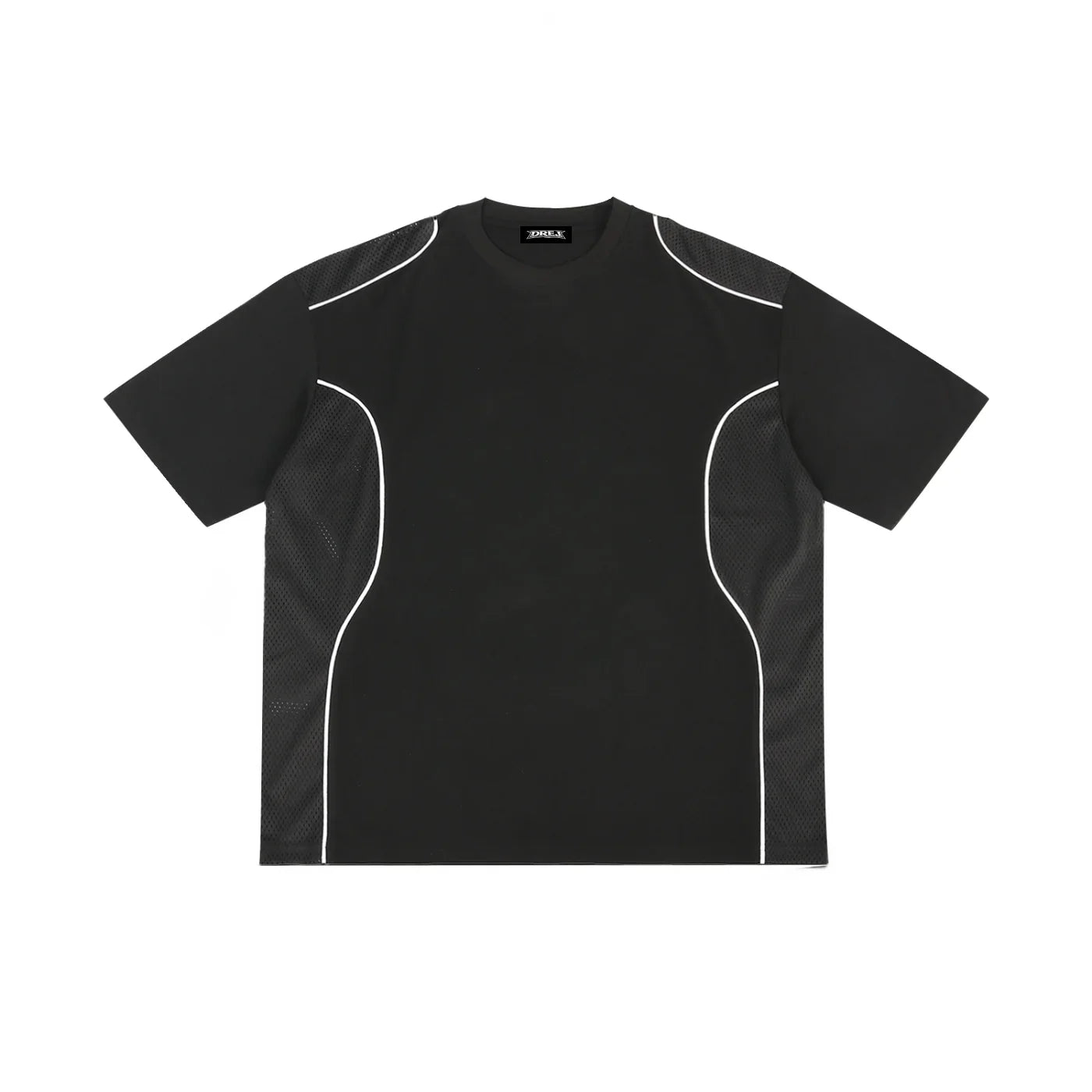 Black oversized streetwear t-shirt with white piping and mesh side panels, front view