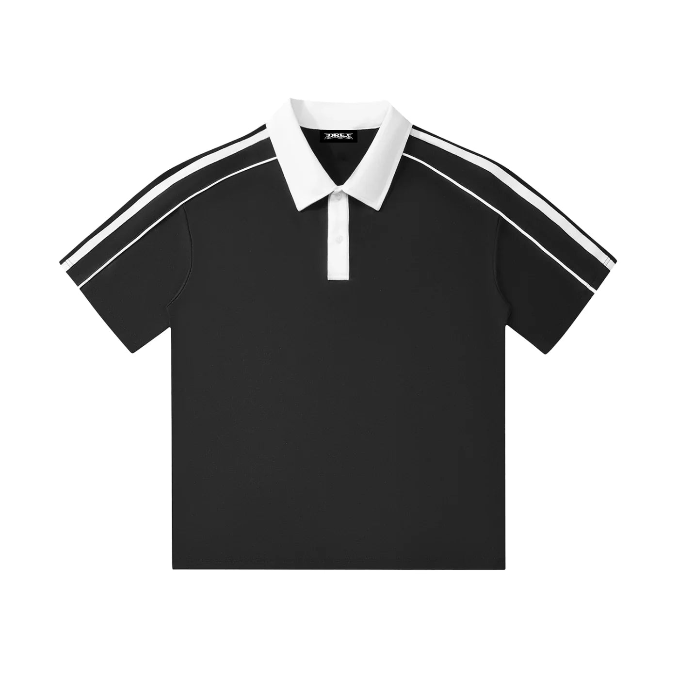 Black short sleeve polo shirt with white collar and white stripes on shoulders, streetwear style