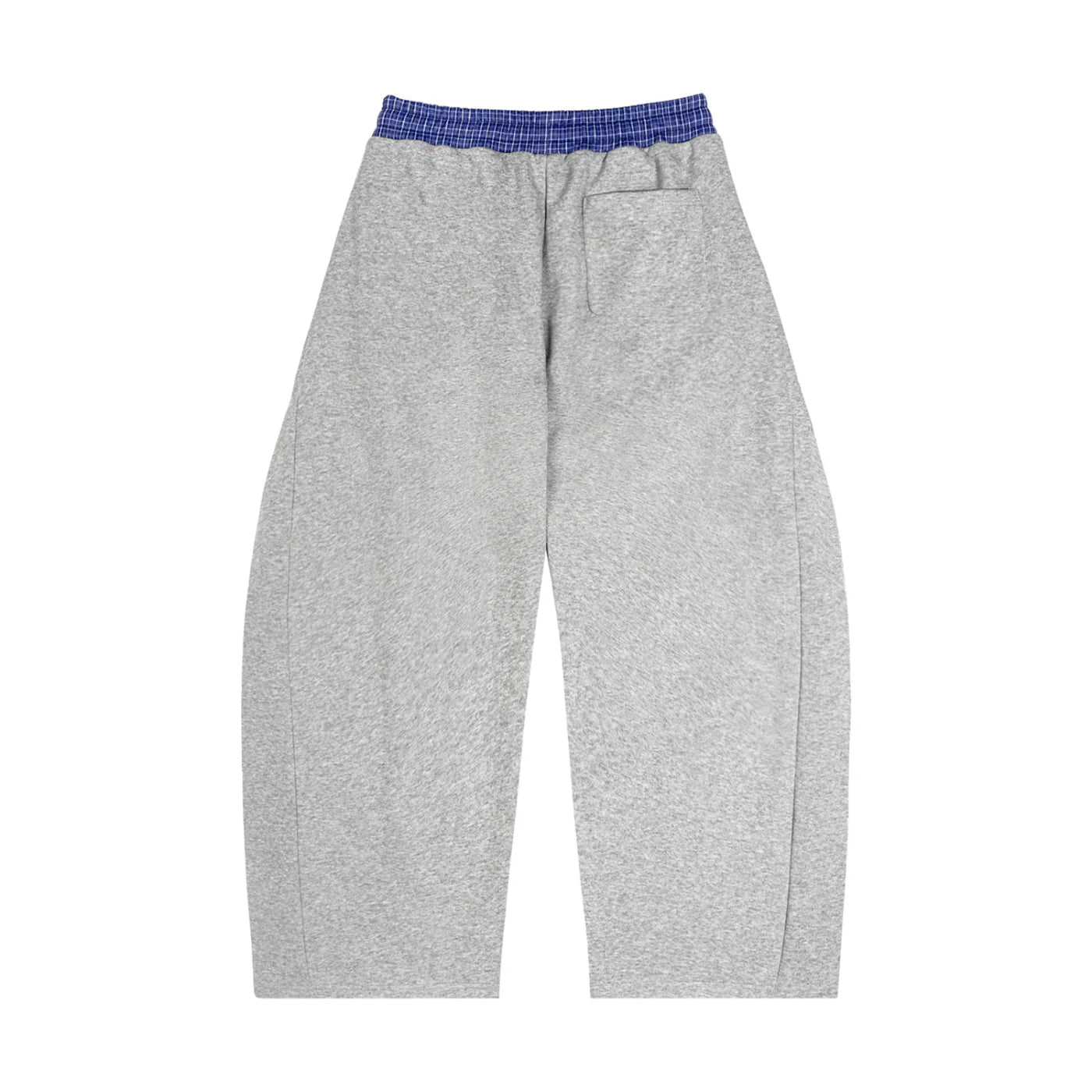 Gray oversized sweatpants with blue elastic waistband and back pocket, streetwear style.