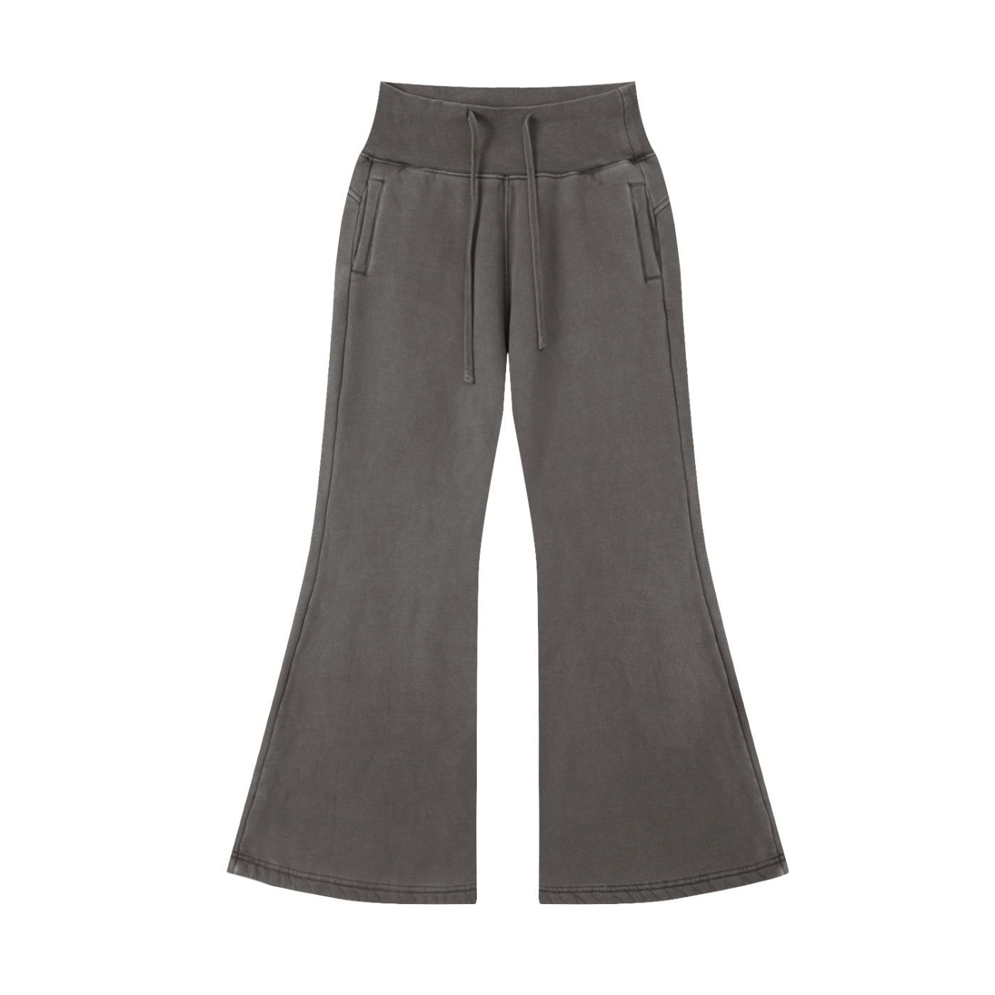High-waisted gray flared pants with drawstring and pockets, modern streetwear style