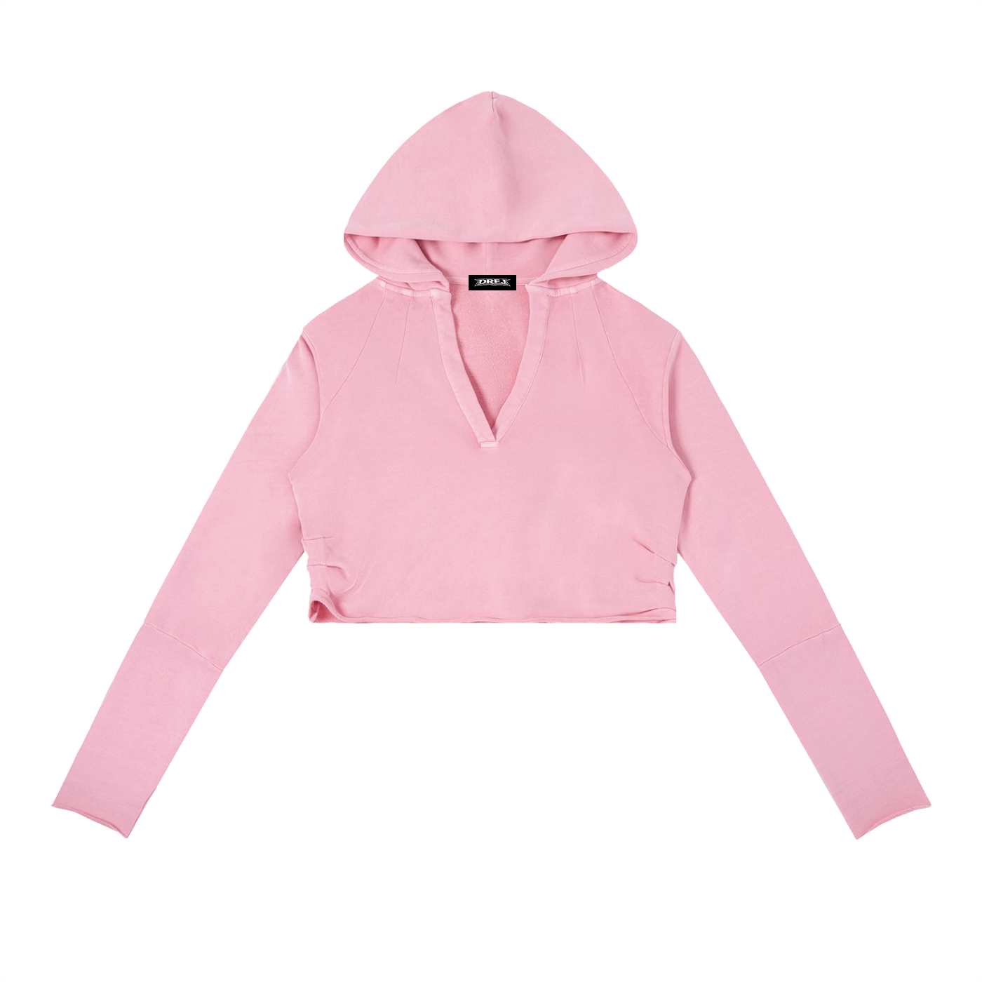 Pink cropped hoodie with long sleeves and deep V neckline, modern urban streetwear style