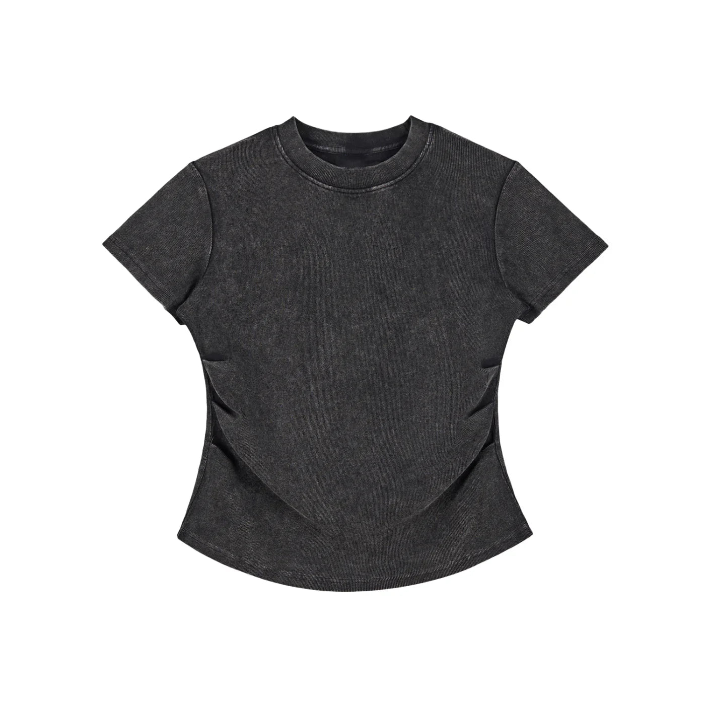 Washed black oversized streetwear t-shirt with short sleeves and curved hem, flat lay