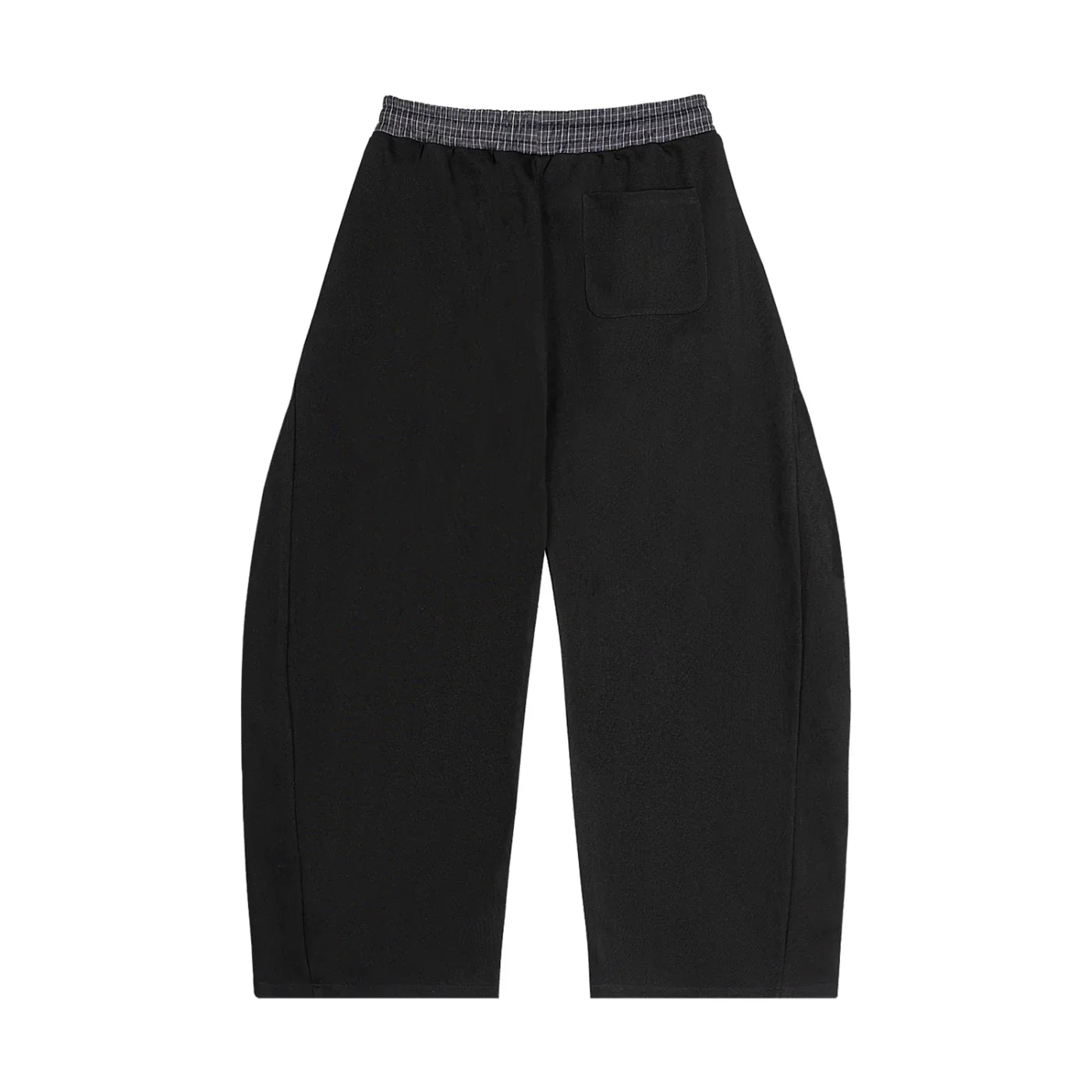 Black oversized streetwear pants with elastic waistband and single back pocket