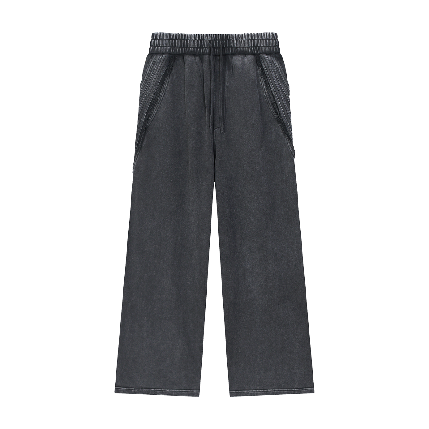 Black wide-leg streetwear pants with elastic waistband and large side pockets on white background