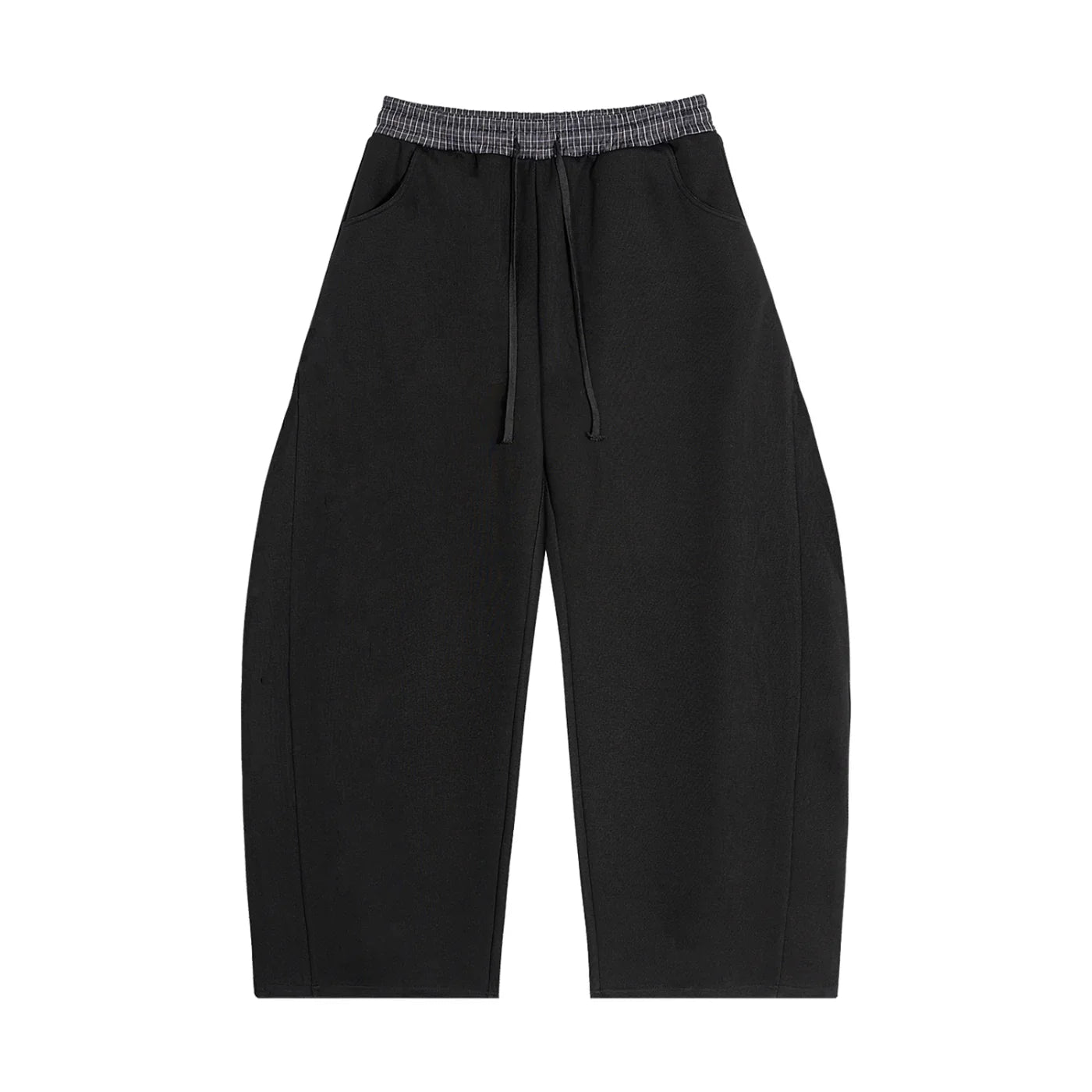 Wide-leg black sweatpants with elastic drawstring waist and side pockets, streetwear style