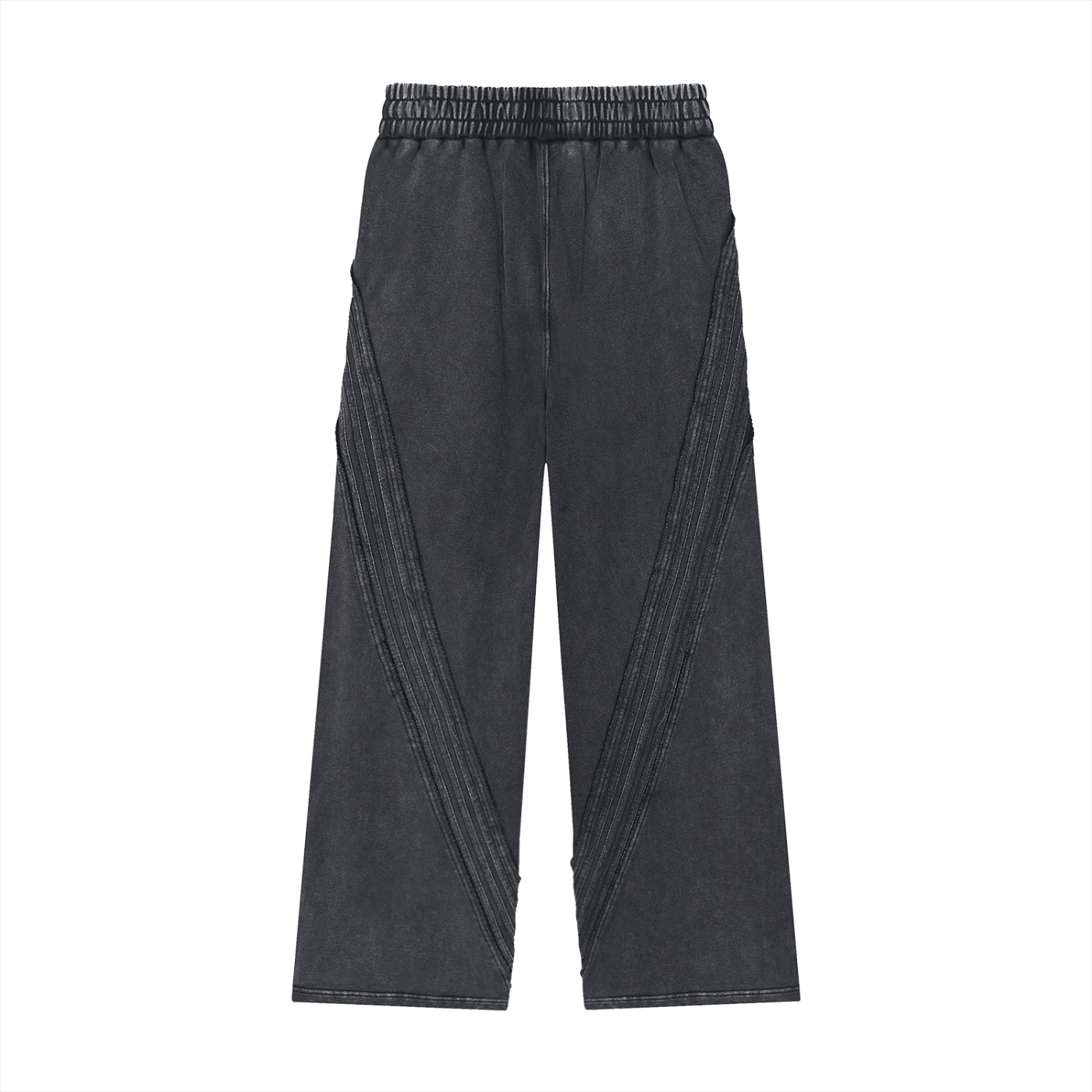 Black wide-leg streetwear pants with elastic waistband and diagonal stitched details
