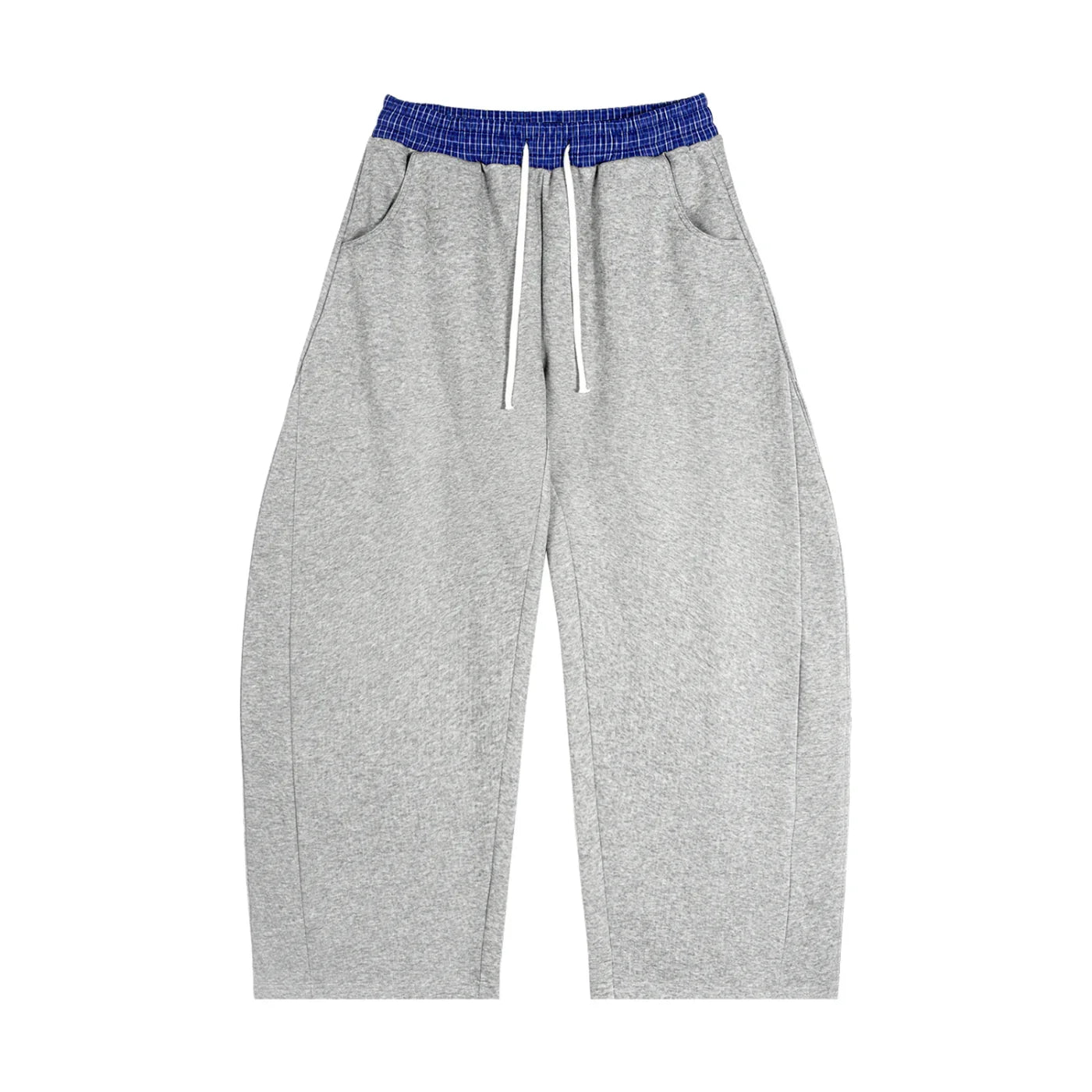 Grey oversized sweatpants with blue elastic waistband and drawstrings, streetwear style