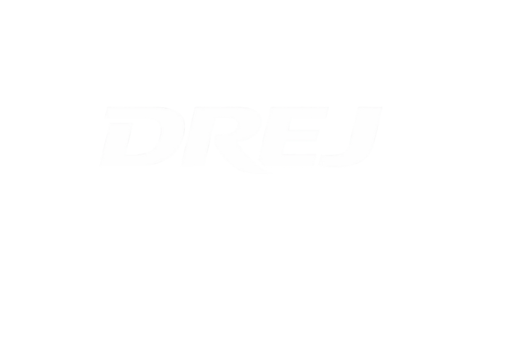 Bold white DREJ text logo on a solid black background, modern streetwear branding