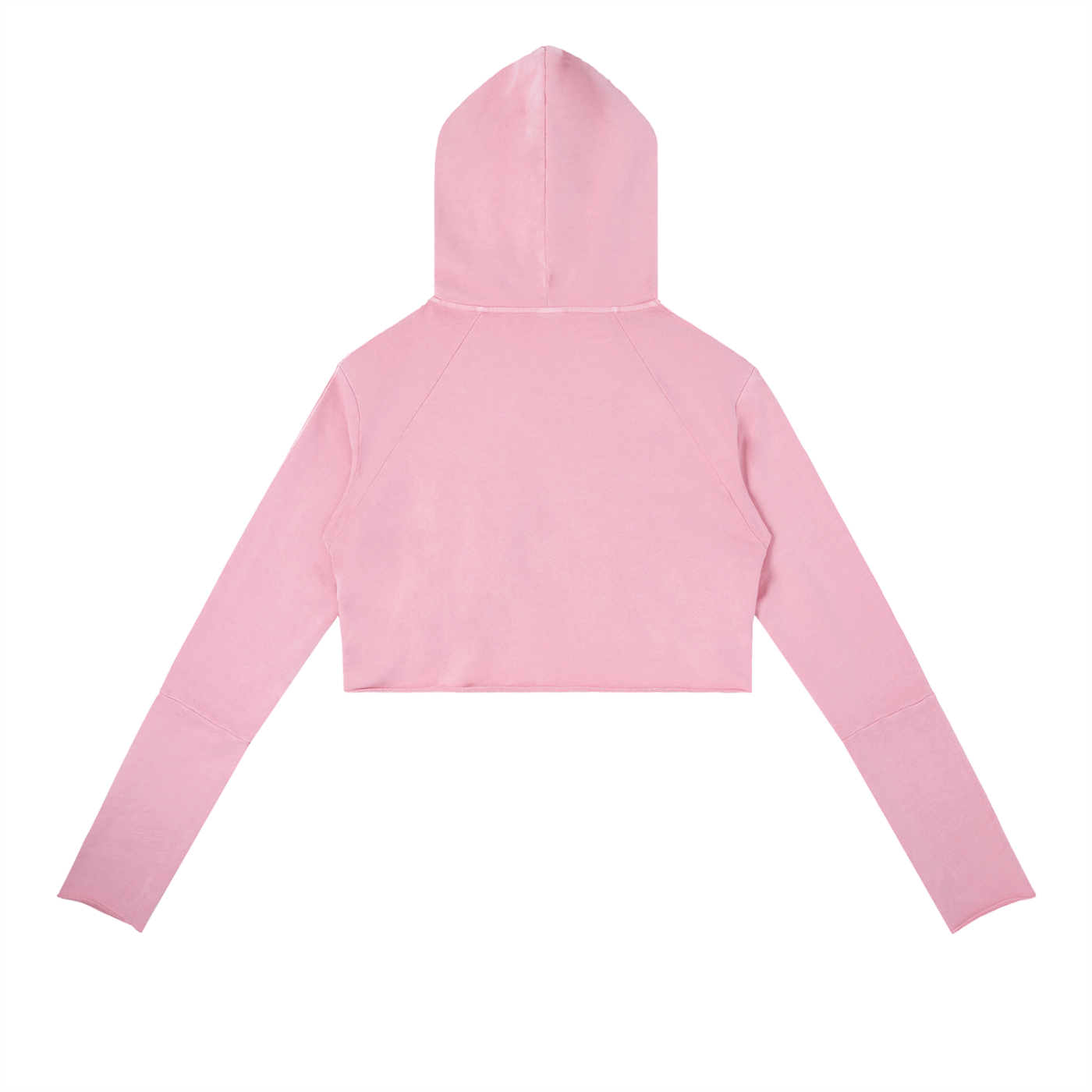 Back view of pink cropped hoodie with long sleeves and urban streetwear style