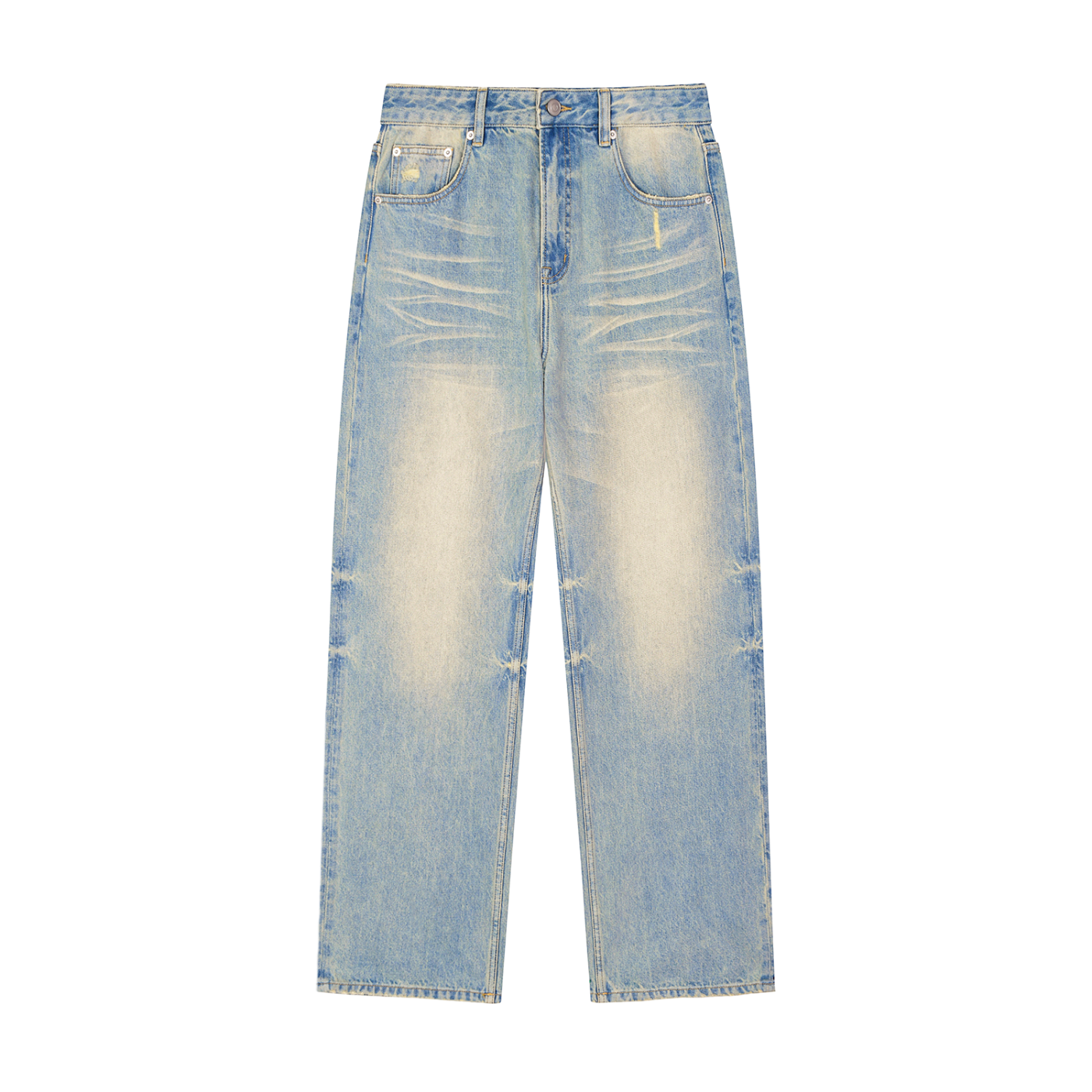 Light blue distressed wide-leg jeans with faded details, modern streetwear style.