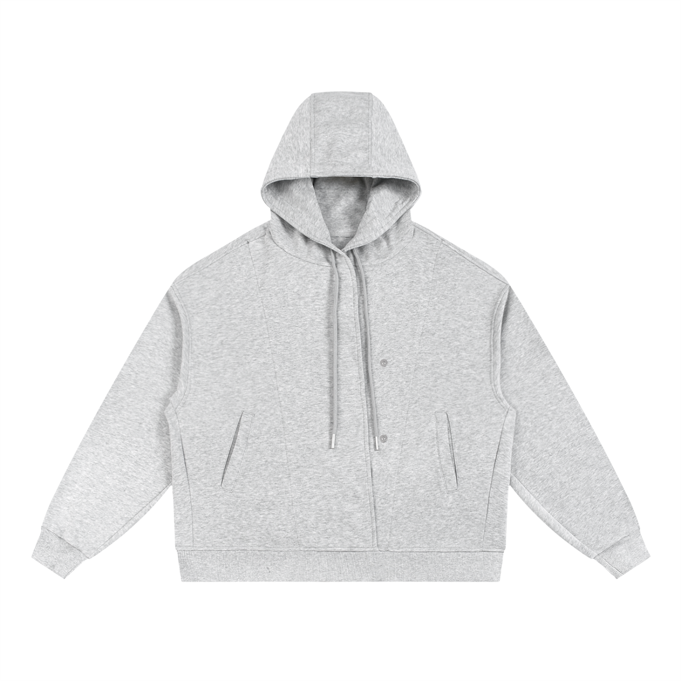 Light grey oversized streetwear hoodie with front pockets and drawstring hood on white background