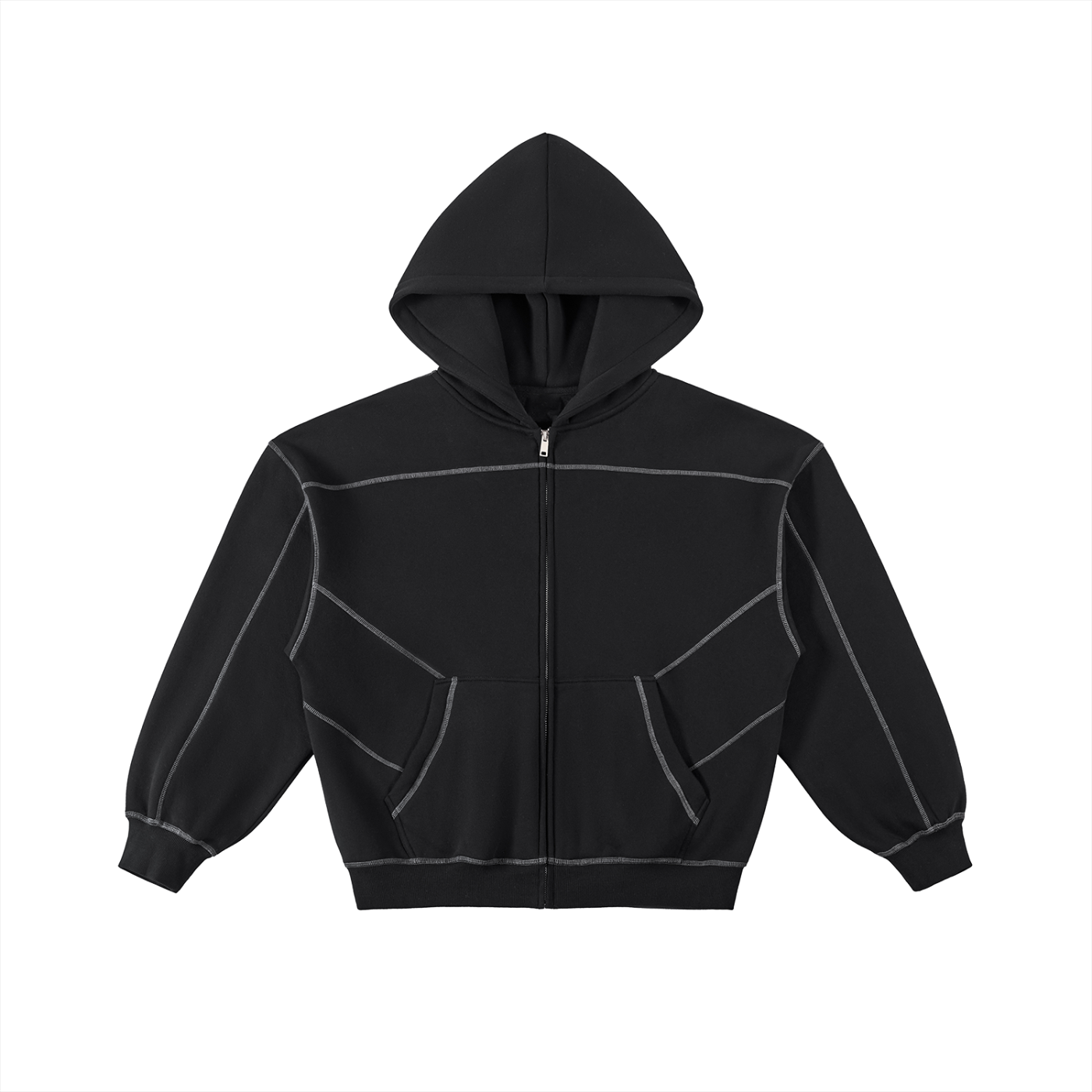 Black oversized zip hoodie with white stitch details and front pockets on white background