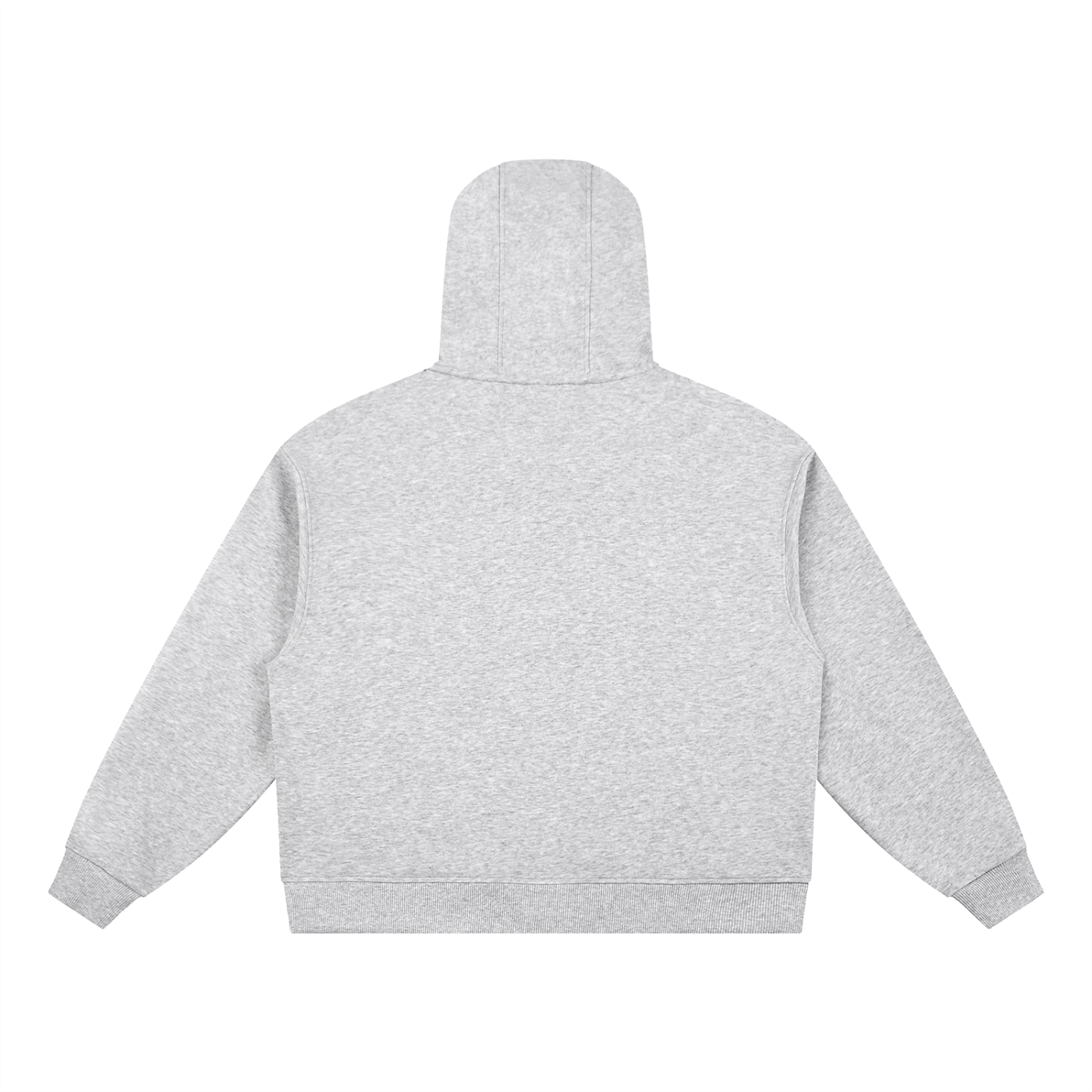 Back view of a light grey oversized hoodie with clean design and ribbed cuffs.