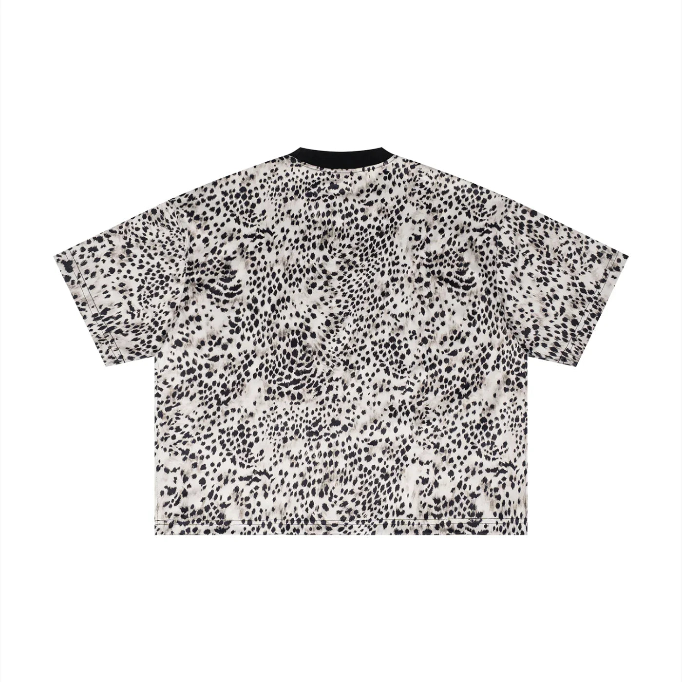 Oversized short sleeve t-shirt with black and white abstract spotted pattern, back view
