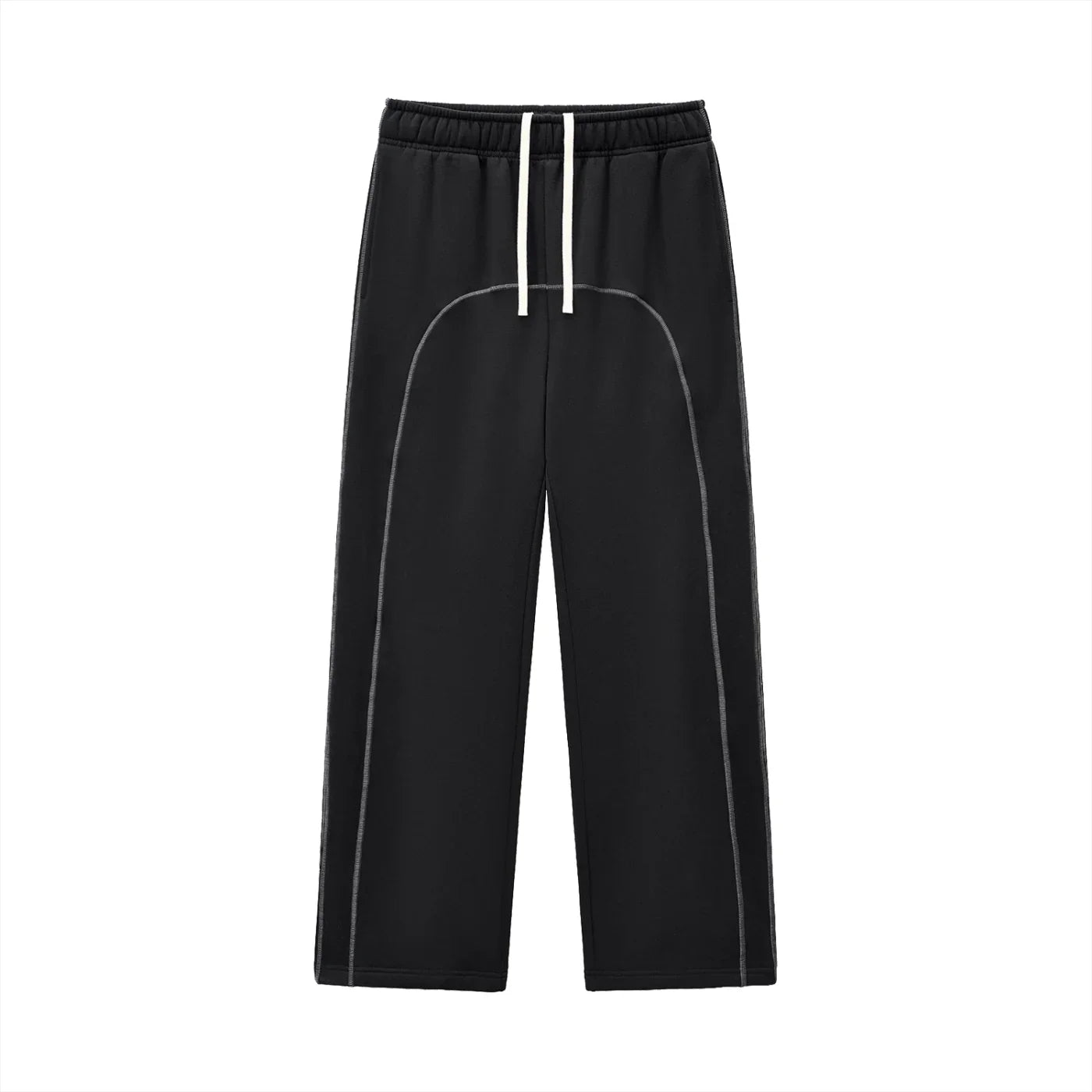 Black streetwear jogger pants with white drawstring and curved stitching, modern urban style