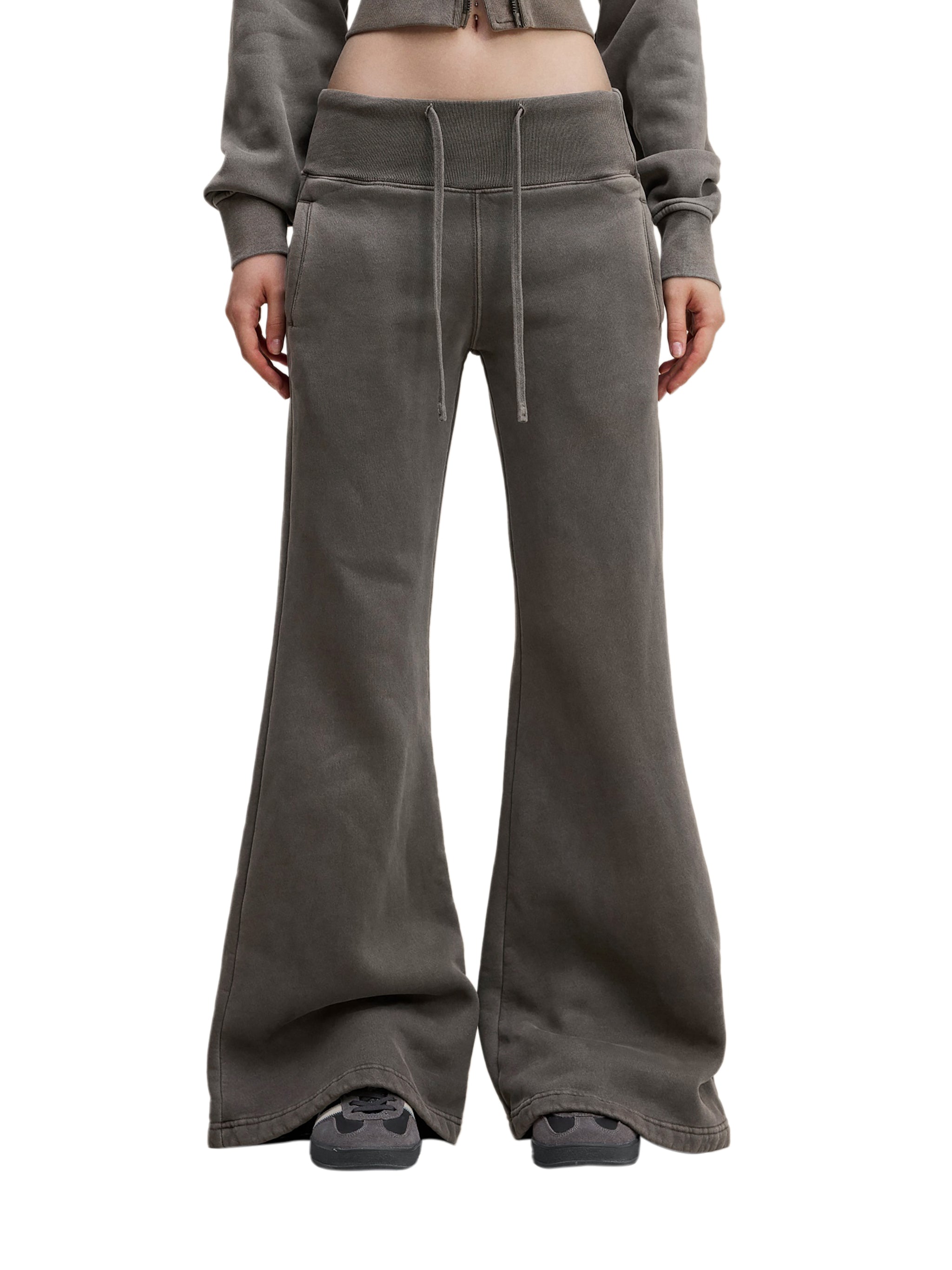 Wide leg grey sweatpants with drawstring waist, streetwear style, front view